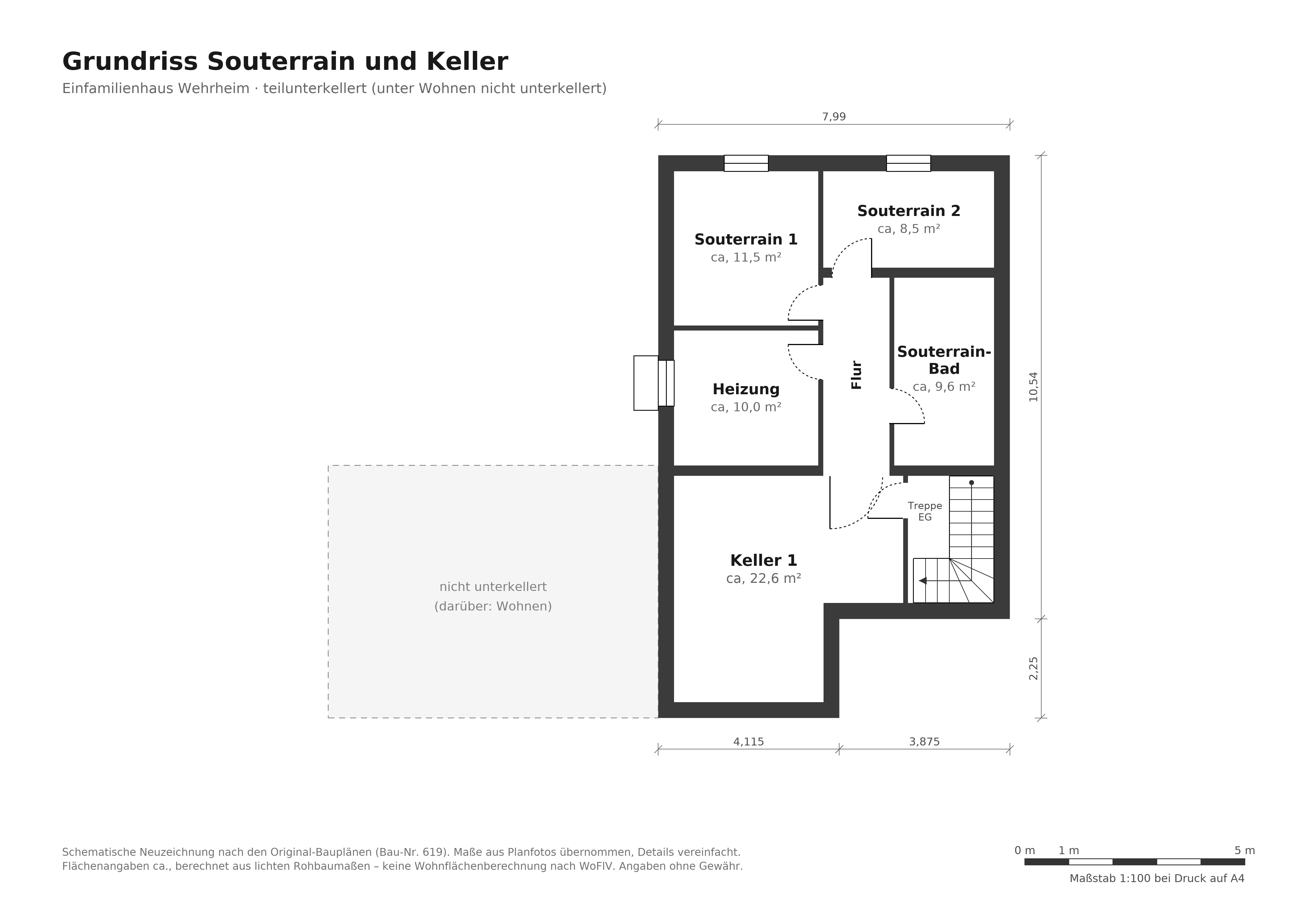 Grundriss Souterrain und Keller mit Raumgrößen