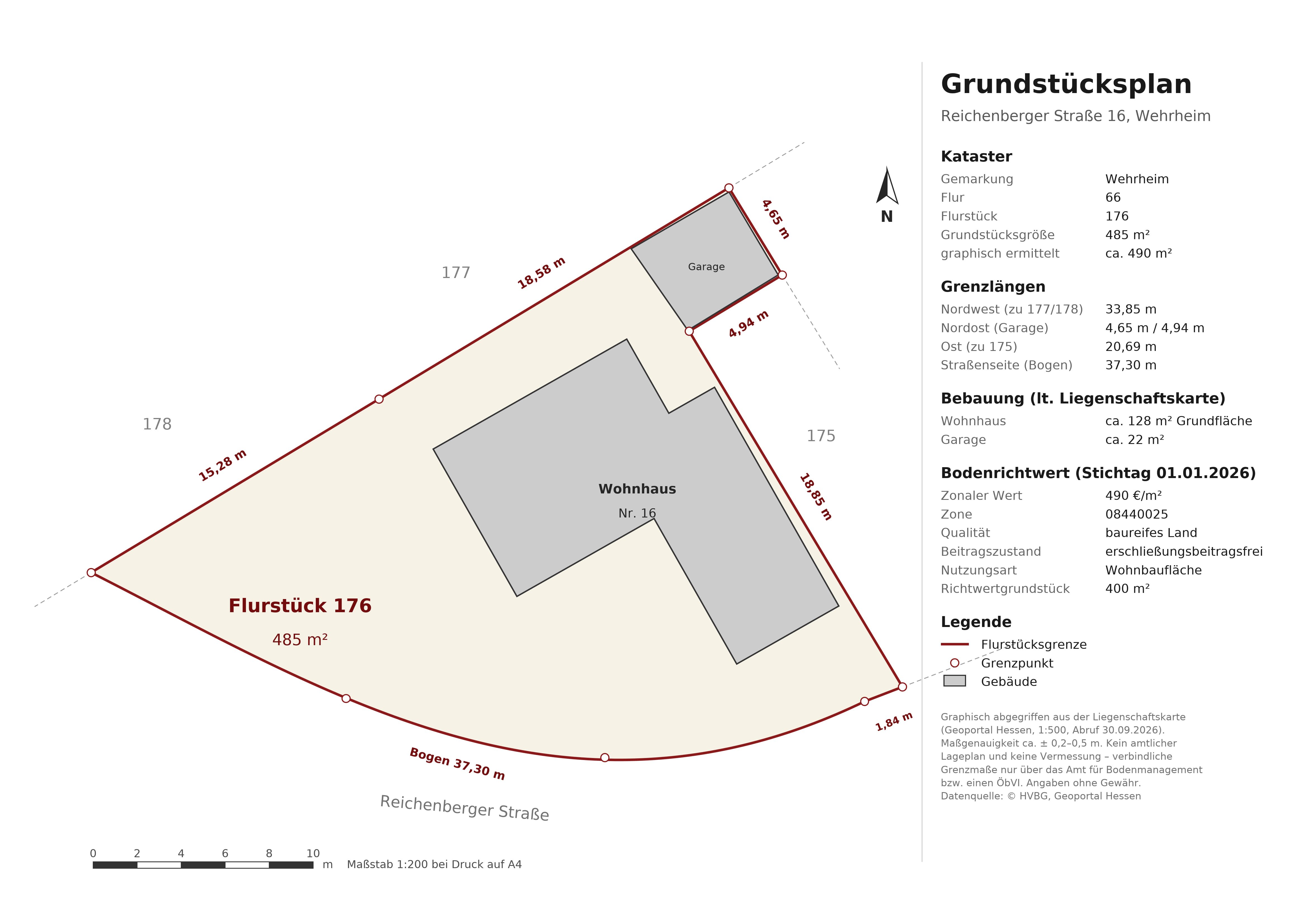 Grundstücksplan Flurstück 176 mit Grenzlängen