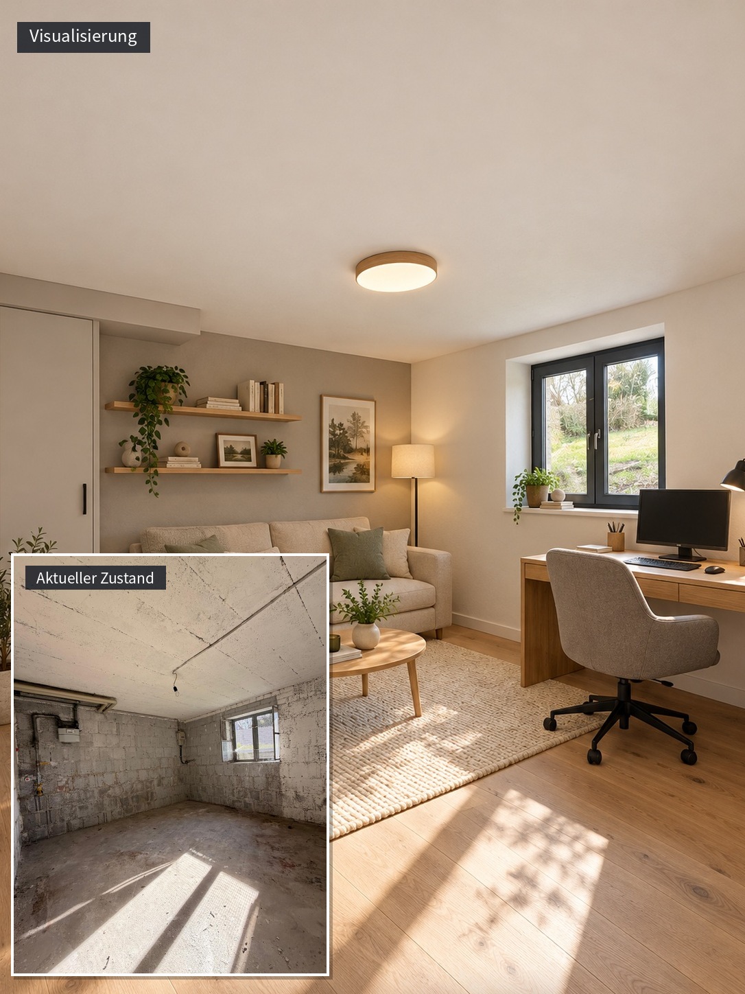 Souterrainraum als Homeoffice, Visualisierung und aktueller Zustand