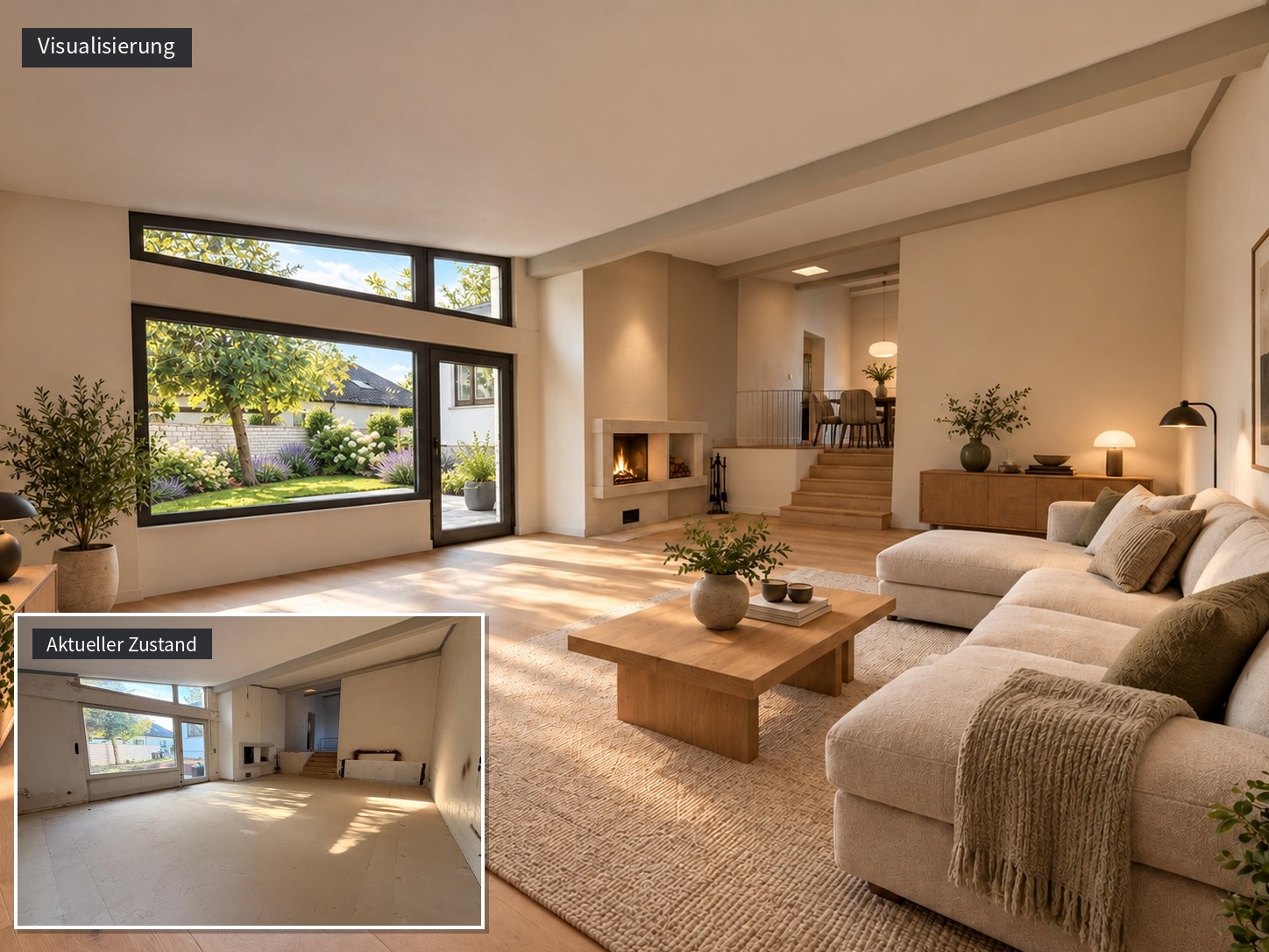 Wohnzimmer mit Kamin und großem Gartenfenster, Visualisierung und aktueller Zustand